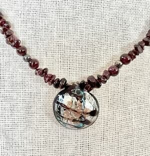 Artisan Necklace Dichroic Pendant Translucent Natural Stone Chips Red Shades Vtg